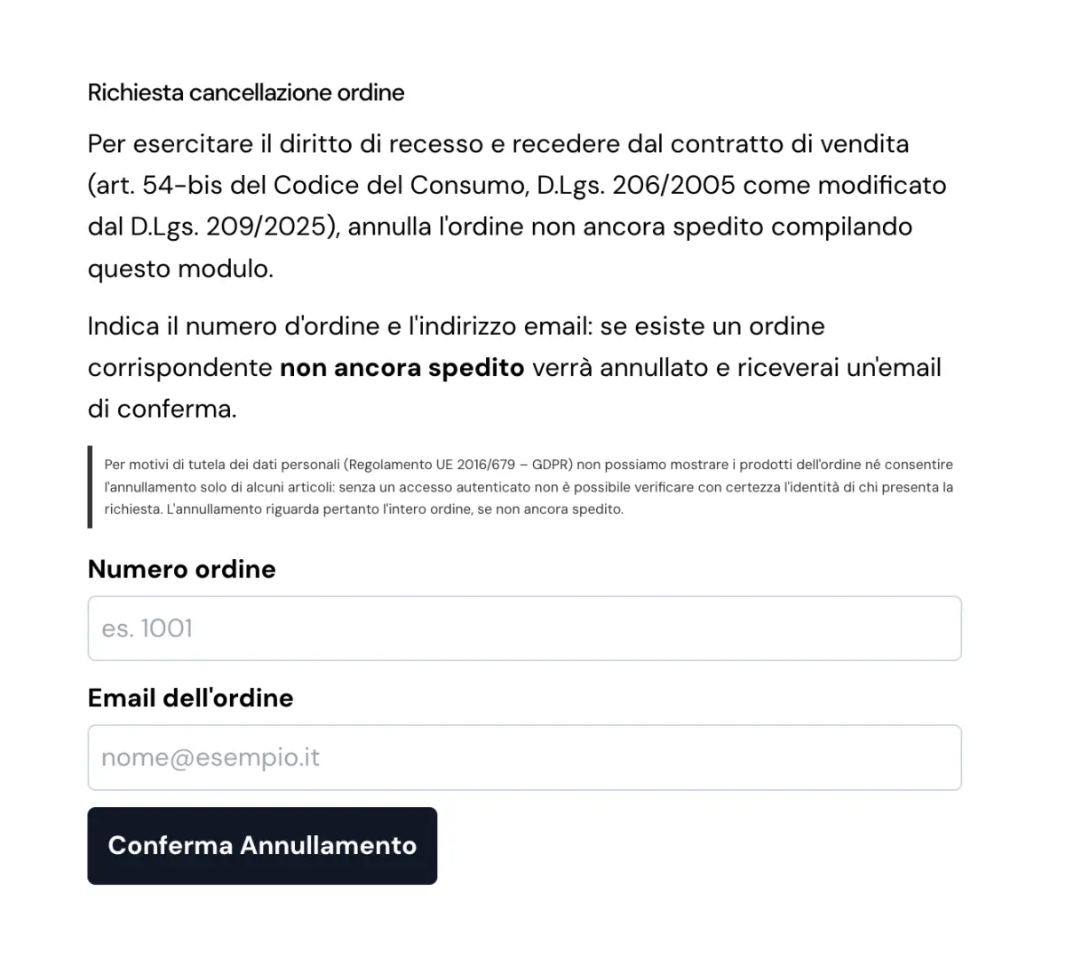 The branded order cancellation form: only order number and email, with a privacy notice