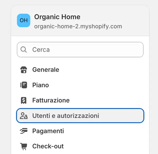 La voce Utenti e autorizzazioni nelle impostazioni di Shopify